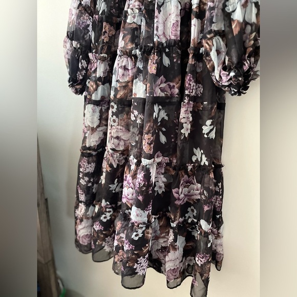 Beulah Style Sheer Floral Purple Tiered Ruffled Trim Long Dress (Sz Large) - Picture 3 of 14